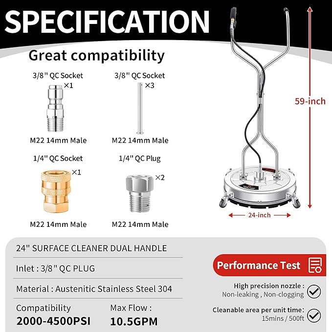 24" Pressure Washer Surface Cleaner with 4 Wheels - Stainless Steel Dual Handle Surface Cleaner for Pressure Washer Attachment for Concrete, Patio, Sidewalk, Deck and Driveways