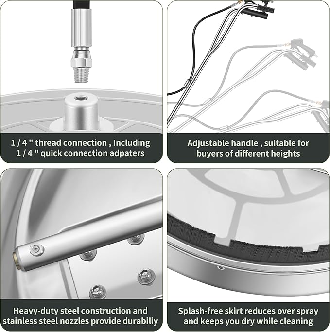24" Pressure Washer Surface Cleaner with 4 Wheels - Stainless Steel Dual Handle Surface Cleaner for Pressure Washer Attachment for Concrete, Patio, Sidewalk, Deck and Driveways - PWS 24