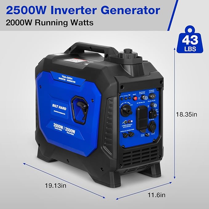 BILT HARD Generator 2500 Watt, Quiet Inverter Generator Portable 80cc 4 Stroke Engine, CO Sensor, Parallel Ready, 120V AC Duplex Receptacle and 12V DC Output, Outdoor Generators for Home Backup Use