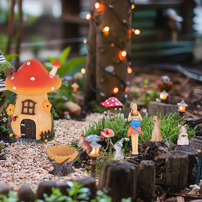 MEETYAMOR Miniature Fairy Garden Accessories, 6 PCS Mushroom House Kit with Mini Resin Animals, Whimsical Ornaments Outdoor Figurines Yard Art Garden Decor for Outside