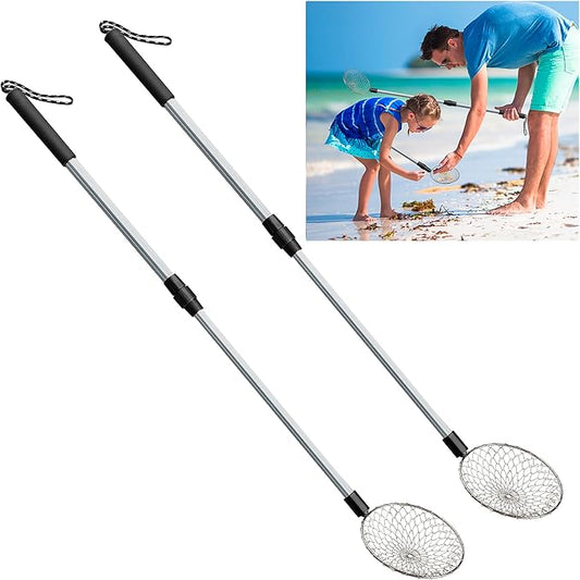 2 Pack 5.3 Inch Beach Sand Sifter- 22~35 Inch Adjustable Shark Tooth Sifter- Sand Scoop Shell Scooper for Beach- Beach Scoop Shovel and Sifter Tool for Picking Up Shells Beachcombing & Rock Hunting