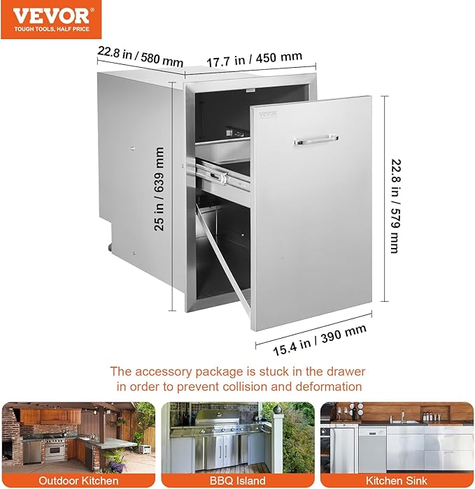 VEVOR Pull Out Trash Drawer 17.7x22.8 Inch Raised Style Trash Bin with Pull-Out Tray Stainless Steel Trash Drawer with Handle for Outdoor Kitchen BBQ Island, Trash Can NOT Included