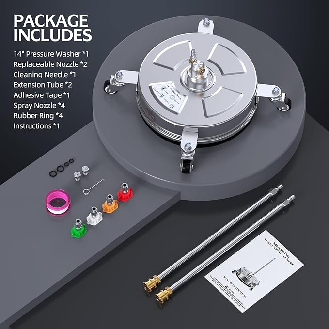 14" Pressure Washer Surface Cleaner 4500 PSI with 304 Industrial-grade Stainless Steel Housing,1/4” Quick Plug, 4 Universal Wheels, 2 x 15" Extended Wands, 2 Replacement Nozzles, 4 Spray Nozzle Tips
