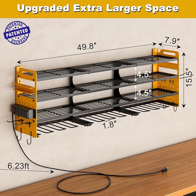 12 Cordless Drill Holder Large Power Tool Organizer Wall Mount with Side Pegboard & Screwdriver Holder, 4-Tier Heavy Duty Metal Tool Storage Rack with 4-Outlet Power Strip