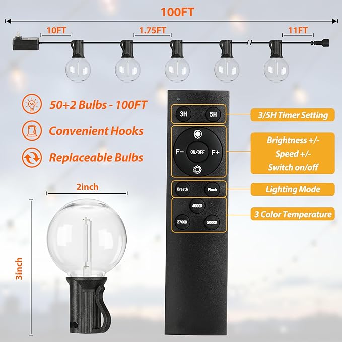 100FT LED Outdoor String Lights with 3 Color Lights, Dimmable String Lights for Outside with Remote, G40 Globe Waterproof Patio Lights with 50+2 Shatterproof Bulbs for Party Backyard BBQ House Camping