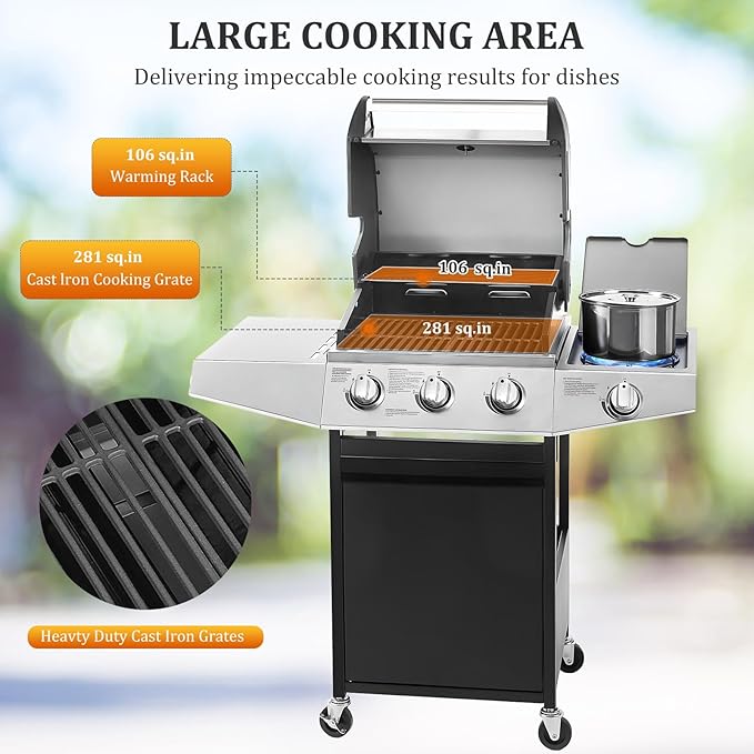 Unovivy 3-Burner Propane Gas BBQ Grill with Side Burner & Porcelain-Enameled Cast Iron Grates Built-in Thermometer, 39,000 BTU Outdoor Cooking, Patio, Garden Barbecue Grill, Black and Silver