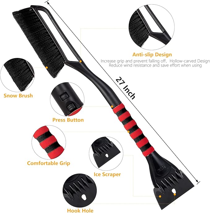 FOVAL 27" Ice Scraper Snow Brush (2 Pack), Wider Snow Scraper(4.73" Width) Snow Removal Car Brush with Comfortable Foam Grip for Cars, Trucks, SUVs, Windshield, Window - Winter Tool(Black)