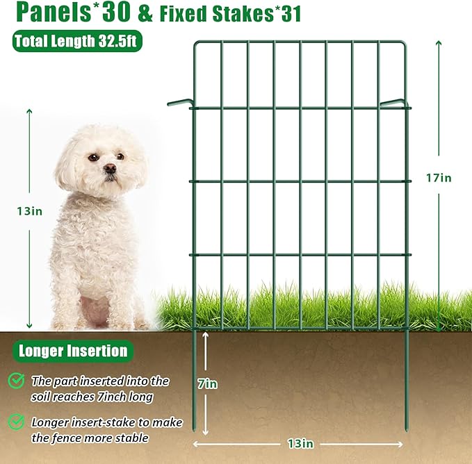 30 Pack Decorative Garden Fence Total 32.5ft (L) x 24in High 1.44" Gap Metal Wire Rustproof Small Animal Barrier Fence Easy Assembly Patio Yard Seedlings Protection Fencing Border Green