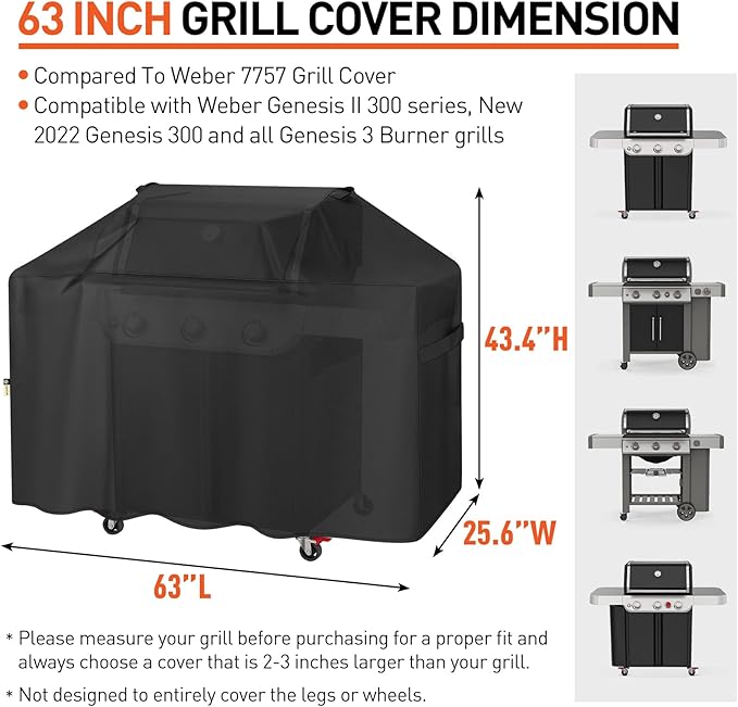 Arcedo Grill Cover 63 Inch Compatible with Weber Genesis 300 Series and New 2022 Genesis 300 Grill, Waterproof Heavy Duty Outdoor Fade Resistant Barbecue Cover, Compared to 7757