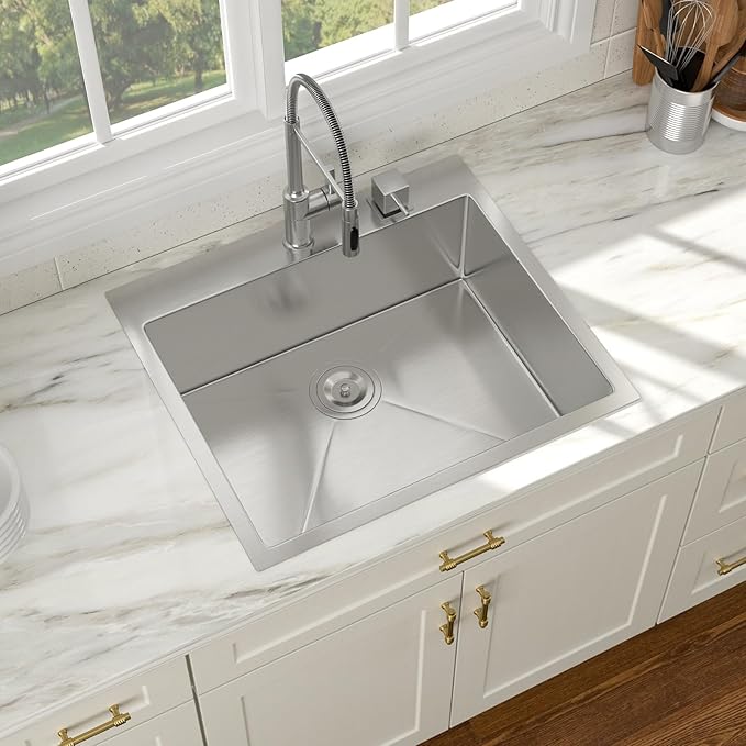 25 x 22 Inch Drop In Kitchen Sink Stainless Steel Single Bowl 25 Inch Drop In RV Laundry Utility Sink Large Deep Handmade Topmount Sinks 25"x22"x9"