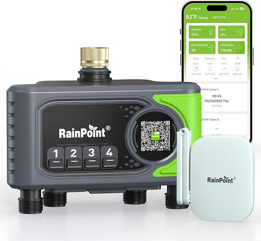 RAINPOINT WiFi Sprinkler Timer 4 Zone, Outdoor Smart Water Timer for Garden Hose with Brass Inlet, Custom Programs via APP/Voice Control for Automatic Watering System