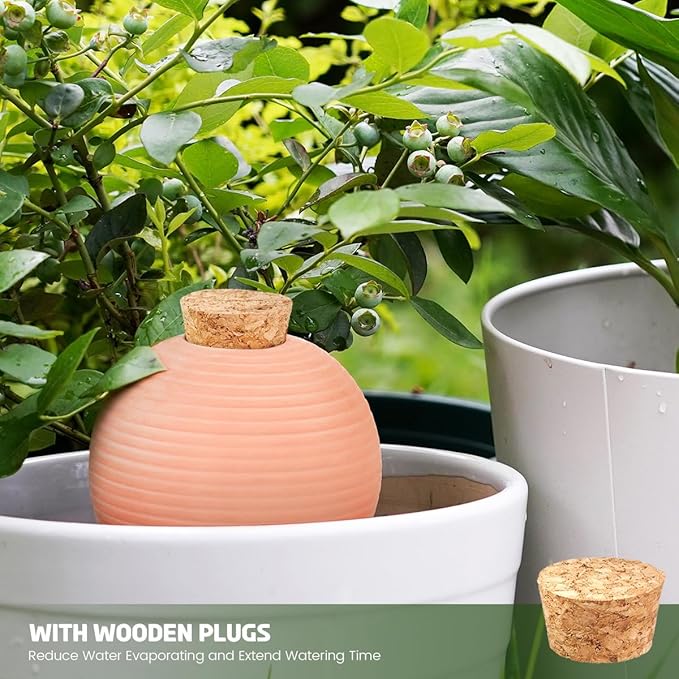 Plant Watering Globes Set of 4, 14oz Terracotta Self-Watering Globes for PottedPlants, Watering Planter Insert Bulbs with Cork Stoppers, Automatic Watering Spikes for Indoor&Outdoor Plants