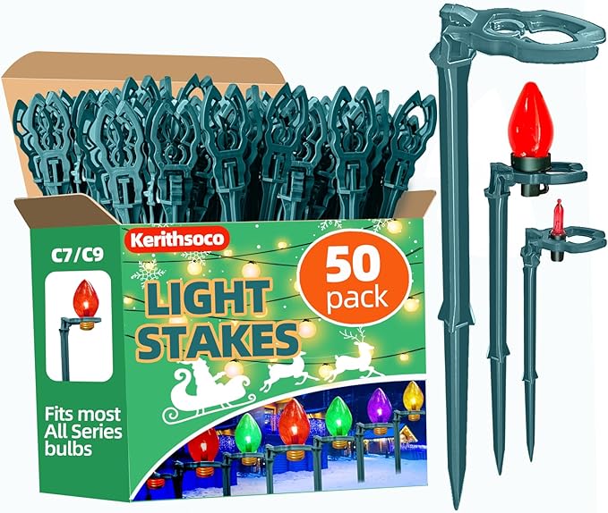 10 Inch Christmas Light Stakes Lawn Garden Stakes Replacement Yard Stakes for Outdoor Lights Path Stakes C7 C9 String Light Holder for Patio Path Decoration (50pack)