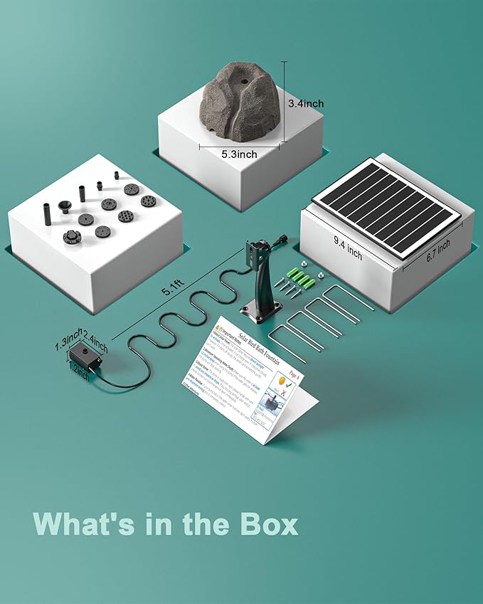 Solar Fountain for Bird Bath with Dry Run Protection Solar Powered Bird Bath Pump with 10 Nozzles,Resin Granite Rock Bird Fountain for Outdoor Water Features,Ponds,Can Cloudy Day Use