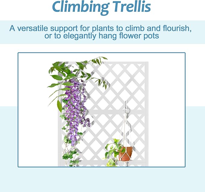 Metal Planter Box with Trellis & Wheels, Raised Garden Bed with Privacy Screen, Outdoor Standing Flower Beds with Drainage Hole for Climbing Plants, Vine, 35.4" L x 15.7" W x 70.9" H, White