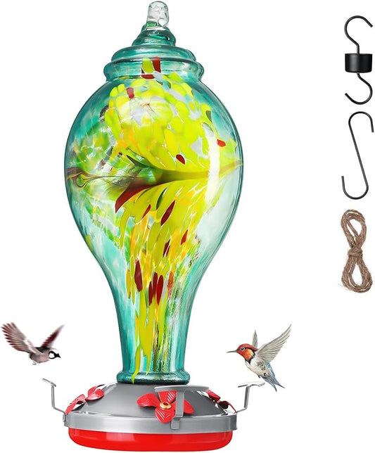 36 oz Hummingbird Feeder for Outdoors Hanging Ant Proof, Stunning Glass Bird Feeder-Leak Proof&All Weather Use, with Hook&Rope&Brush, Outside Garden Yard Window Patio Decor