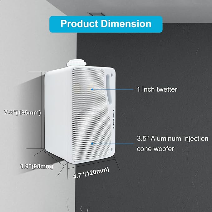 STUDIOFINIX Passive Outdoor Speakers Wired Waterproof -3.5 Inch 3 Way 200W Surface Marine & Wall Mount Speakers, Suitable for Home, Boat, Poolside, Patio, Indoor Outdoor Use（White