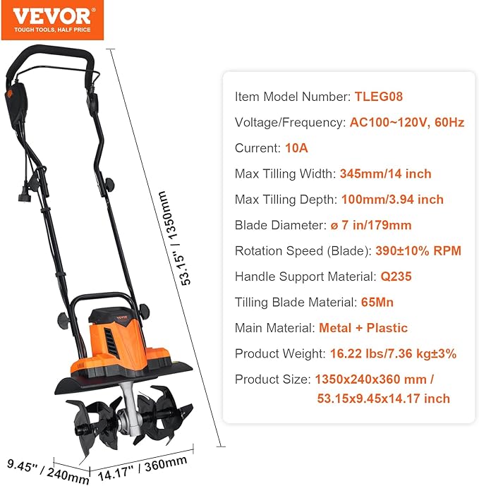 VEVOR 10 Amp Electric Tiller, 14" Tilling Width 3.94" Tilling Depth Corded Electric Tiller/Cultivator, Steel Mn Tines, Rototiller for Garden Lawn Soil Digging