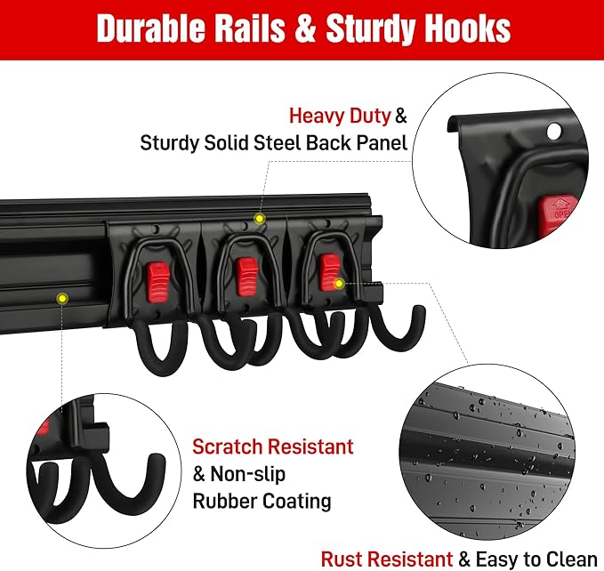 WORKPRO Garage Tool Organizer Wall Mount, Garage Organization Garden Tool Rack Holder System, 64-Inch 4 Rails with 8 Heavy Duty Adjustable Hooks for Hanging and Storage