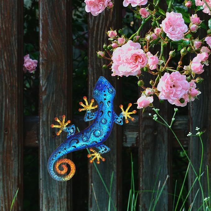 Metal Outdoor Blue Gecko Wall Decor Lizard Wall Art Suitable for Fence Yard Garden Decoration 13.5 * 8.5Inch