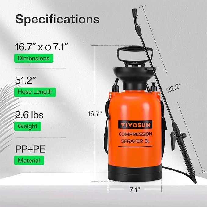 VIVOSUN 1.35-Gallon Pump Pressure Sprayer, Pressurized Lawn & Garden Water Spray Bottle with Adjustable Shoulder Strap, for Spraying Plants, Garden Watering and Household Cleaning