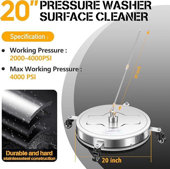 20'' Pressure Washer Surface Cleaner with 4 Wheels - Stainless Steel Surface Cleaner for Pressure Washer Attachment for Concrete, Driveway, Patio, Sidewalk, Deck and Driveways