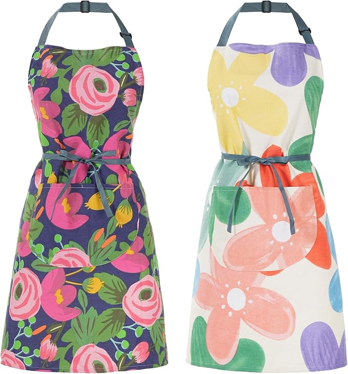 2 Pack Floral Apron for Women with Pockets, Adjustable Cotton Chef Aprons for Kitchen, Cooking, BBQ & Grill