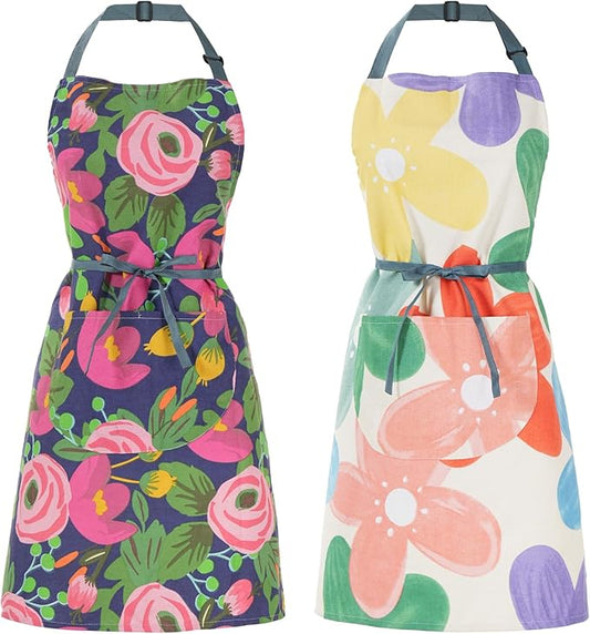 2 Pack Floral Apron for Women with Pockets, Adjustable Cotton Chef Aprons for Kitchen, Cooking, BBQ & Grill