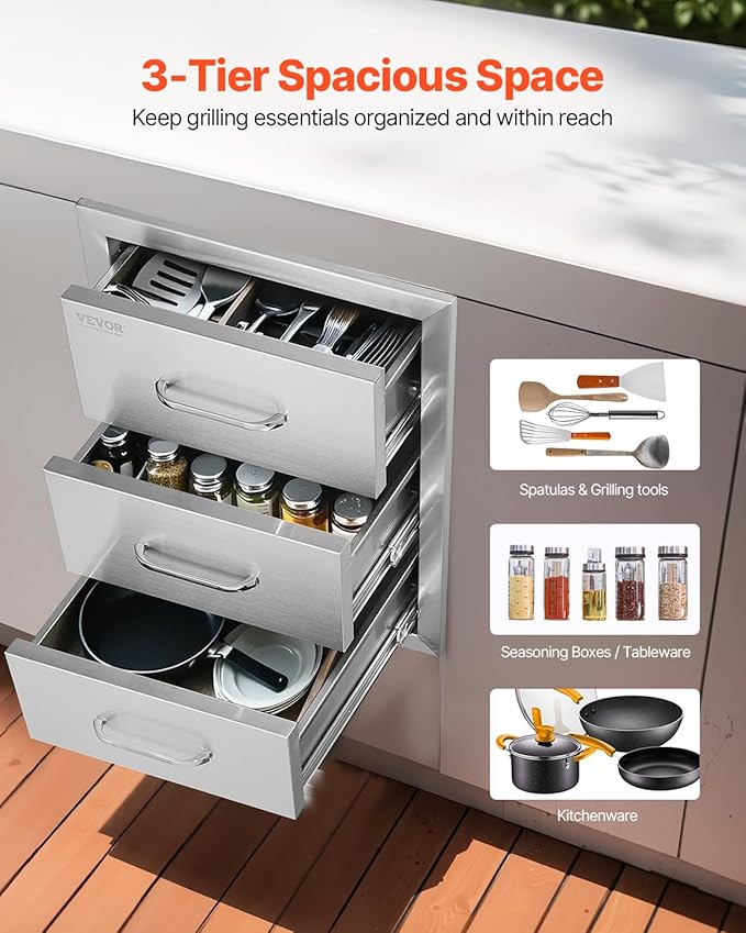 Mophorn Outdoor Kitchen Drawers 16" W x 21.5" H x 18" D, Flush Mount Triple Access BBQ Drawers with Stainless Steel Handle, BBQ Island Drawers for Outdoor Kitchens or BBQ Island Patio Grill Station
