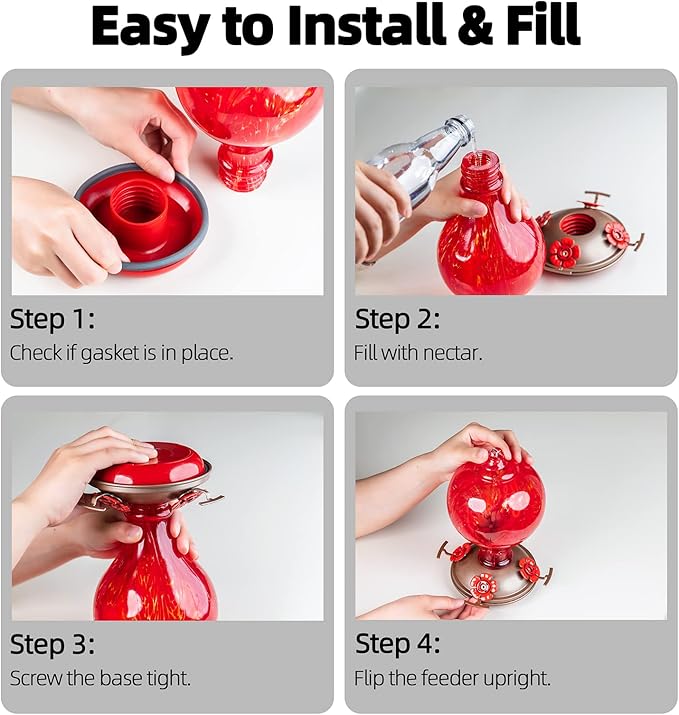 Hummingbird Feeders 32OZ Glass Hummingbird Feeder, 4 Perch Ant Moat Leakproof, Garden Decor (Red Lily)