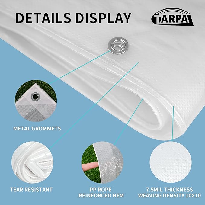 TARPAL 8'x20' Semi Clear White Tarp Waterproof Green House Cover with Grommets 7.5mil Clear Poly tarps for Gardening,Farm, Garden,Chicken Coops，Outdoor