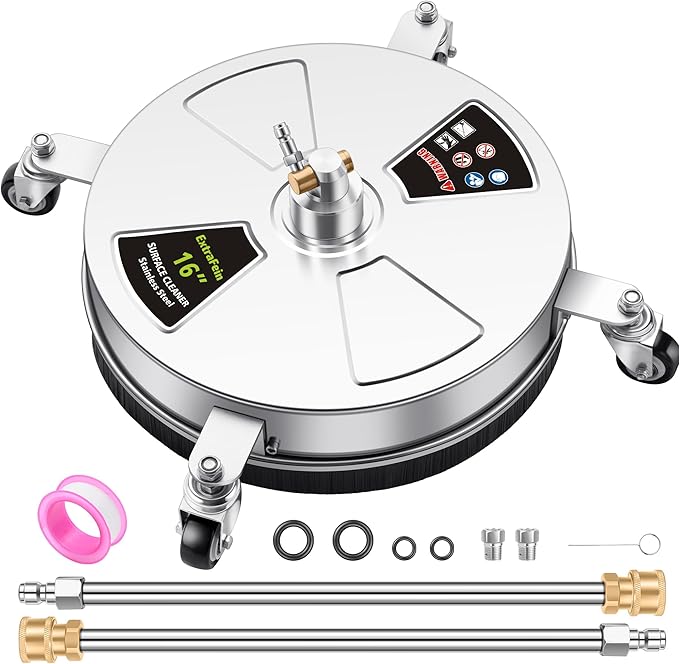 16" Pressure Washer Surface Cleaner Pro with 4 Wheels, Stainless Steel Surface Cleaner for Pressure Washer, 2 Extension Wands, Power Washer Surface Cleaner for Concrete Driveway, 3000 PSI