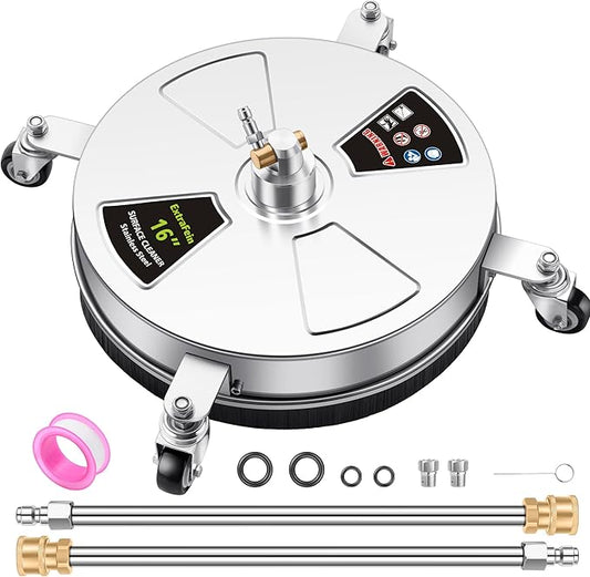 16" Pressure Washer Surface Cleaner Pro with 4 Wheels, Stainless Steel Surface Cleaner for Pressure Washer, 2 Extension Wands, Power Washer Surface Cleaner for Concrete Driveway, 3000 PSI