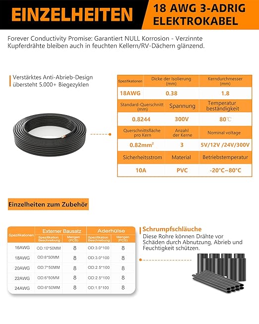 18 AWG 3 Conductor Electrical Wire - 26.25FT 18 Gauge Stranded PVC Cord with Tinned Copper Core, 12V/24V Low Voltage Flexible Cable for Automotive Marine LED Strips, Solar, RV Lighting