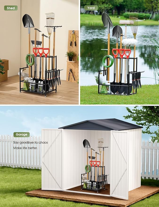 Garden Tool Organizer – Heavy-Duty Carbon Steel Storage Rack for Garage, Shed & Yard – Rust-Resistant, Holds 100+ lbs of Garden & Lawn Tools – Black