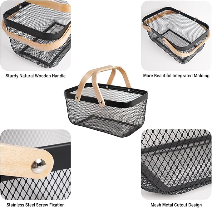 Metal Mesh Steel Harvest Basket, Rectangle Wire Garden Basket with Handle – Multi-Functional Storage Organizer for Gathering Vegetables, Fruits, Kitchen, Garden, Picnic & Cabinet (Ebony)