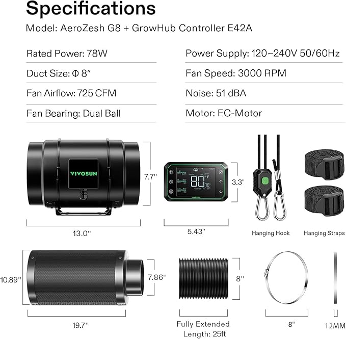 VIVOSUN Smart Air Filtration PRO G8 Kit 8", AeroZesh G8 Inline Duct Fan w/GrowHub E42A Temp. Humidity WiFi-Controller, Carbon Filter & Ducting, Cooling & Ventilation System for Grow Tent, Hydroponics