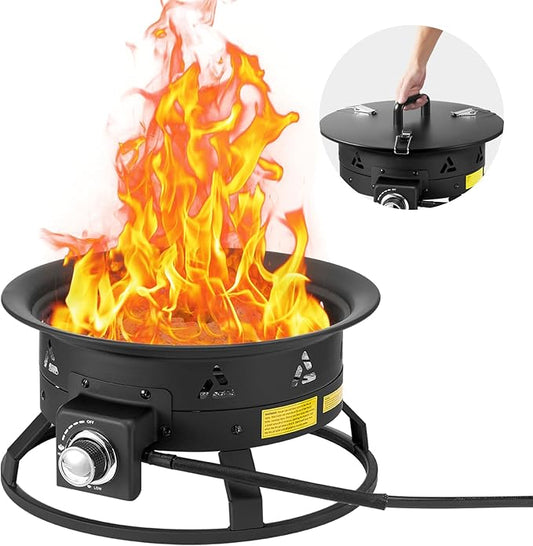 VEVOR Portable Propane Fire Pit, 19-Inch Diameter Outdoor Gas Fire Pit with Cover & Lava Rocks, Adjustable Flame Height Camping Firepit for Heating, Lighting, Gathering, 58,000 BTU, Black