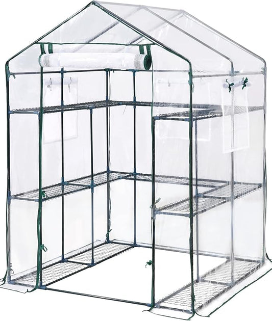 KING BIRD Premium Greenhouse for Outdoors, 56 x 56 x 77 Upgraded PVC Cover & Steel Frame Walk in Hot House, w/ Zippered Screen Windows Mesh Door, 3 Tiers 14 Shelves for Outside Garden, Clear