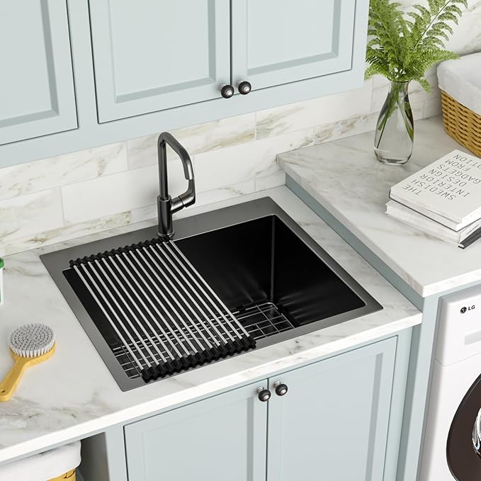 25 x 22 Inch Black Drop In Laundry Sink Topmount NANO PVD 16 Gauge Stainless Steel Single Bowl Large Deep Kitchen Sinks Basin 25"x22"x12"