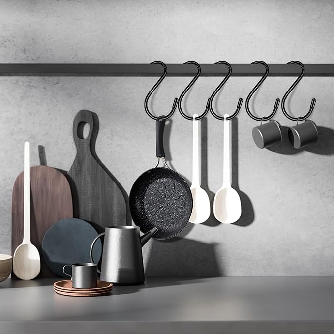 12 Pack 4 Inch S Hooks for Hanging Plants,Heavy Duty S Hook Vinyl Coated Non Slip Clothes Black S Hooks Pot Rack Closet Hooks for Hanging Plants, Clothes, Kitchen Utensil, Pots, Pans, Bags