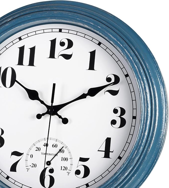 JENLYSTIME 12 Inch Indoor/Outdoor Retro Waterproof Wall Clock with Thermometer Silent Round Quartz Battery Operated Easy to Read Decorative for Kitchen Patio,Bathroom,Deck,Porch,Pool(Blue)