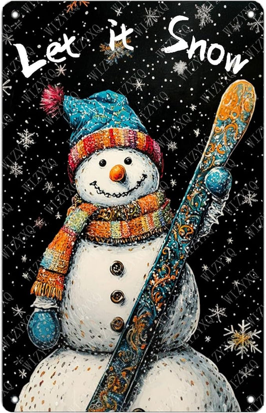 Tin Signs Snowman Let It Snow Metal Signs Winter Aluminum Sign for Home Cafe Bar Yard Office Farmhouse Kitchen Wall Decor 12×8 Inch