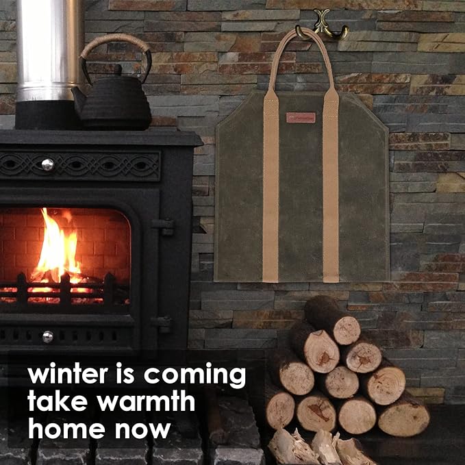 Sturdy Waxed Canvas Firewood Log Carrier, Durable Firepalce Wood Bag with Reinforce Duty Straps Green