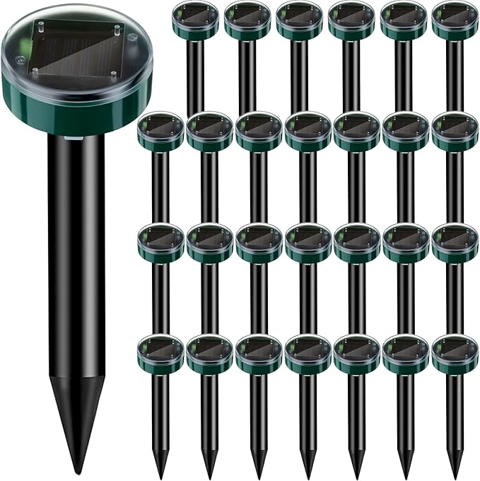 28 Pieces Solar Mole Repellent Ultrasonic Outdoor Gopher Deterrent Spikes for Garden Yard Lawn Waterproof Solar Powered Repeller for Groundhogs, Voles, Snakes and Other Burrowing Animals (Round)