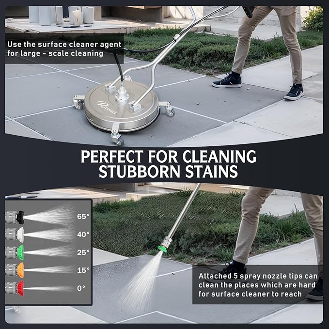 RAYNEL 20'' Pressure Washer Surface Cleaner with 4 Wheels, Dual Handle, Stainless Steel Housing, 2 Hose Adapters, 4 Replacement Nozzles