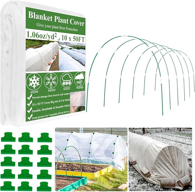 10X50FT Plant Covers Frost Protection Kit, Garden Hoops Kit for Winter Oudoot Plants, Floating Row Cover Frost Cloth Plant Blankets for Freeze Snow Protection, Greenhouse Hoop for Raised Beds