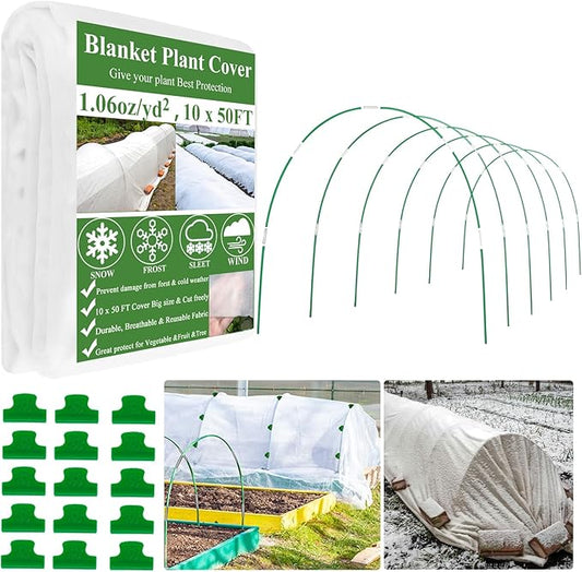 10X50FT Plant Covers Frost Protection Kit, Garden Hoops Kit for Winter Oudoot Plants, Floating Row Cover Frost Cloth Plant Blankets for Freeze Snow Protection, Greenhouse Hoop for Raised Beds