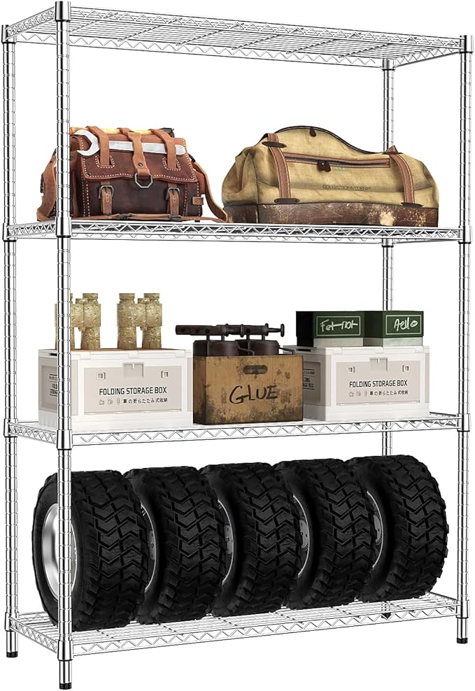 IZEUK 1400 LBS Garage Chrome Shelving Wide Storage Shelves 4 Tier Adjustable Heavy Duty Metal Wire Rack Standing Shelf Unit for Kitchen Office College Dorm Garage Warehouse 15.8" x 45.8"x 59.4"