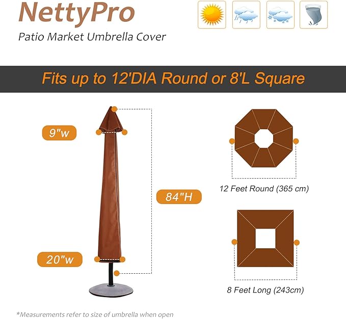 NettyPro Patio Umbrella Cover Outdoor Waterproof Market Umbrella Cover Fits Up to 12 Feet, Brown